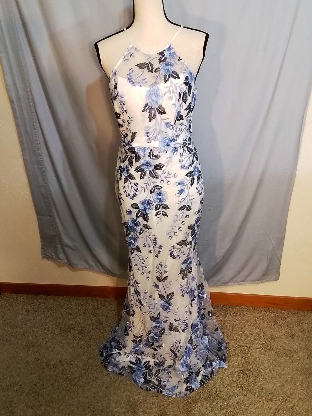 Seqin Hearts blue and white halter gown.